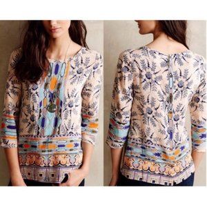 Maeve Sz 4 Floral 100% Silk 3/4 Sleeve Back Button Up Tunic Blouse